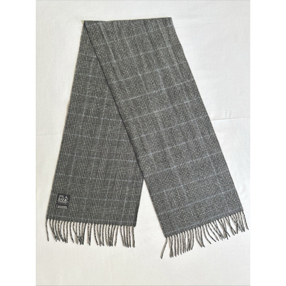 Jos A Bank 100% Cashmere Scarf Gray Glen Plaid Fringe Soft Mens Luxury